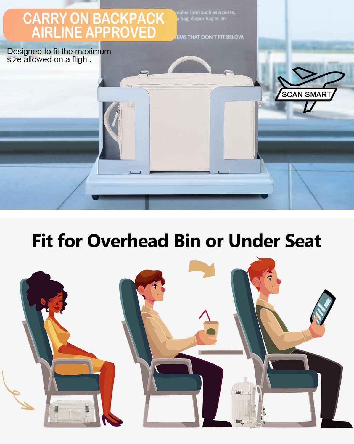 Getravel Travel Backpack For Women, Airline Approved Personal Item Bag, Carry On Backpack,17 Inch Laptop School Backpack, Waterproof Casual Overnight Bag, Hiking Backpack (Beige) - Image 2