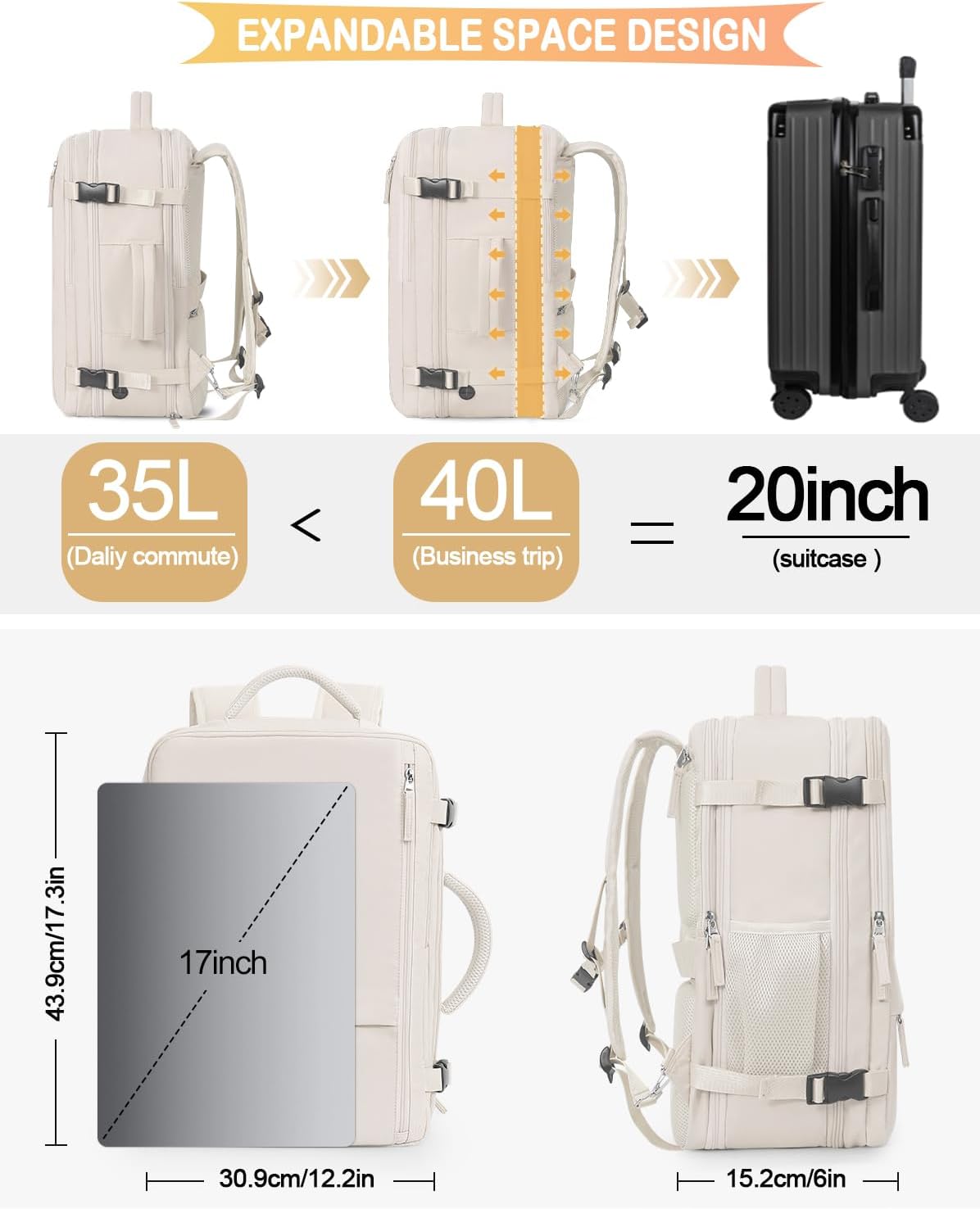 Getravel Travel Backpack For Women, Airline Approved Personal Item Bag, Carry On Backpack,17 Inch Laptop School Backpack, Waterproof Casual Overnight Bag, Hiking Backpack (Beige) - Image 4