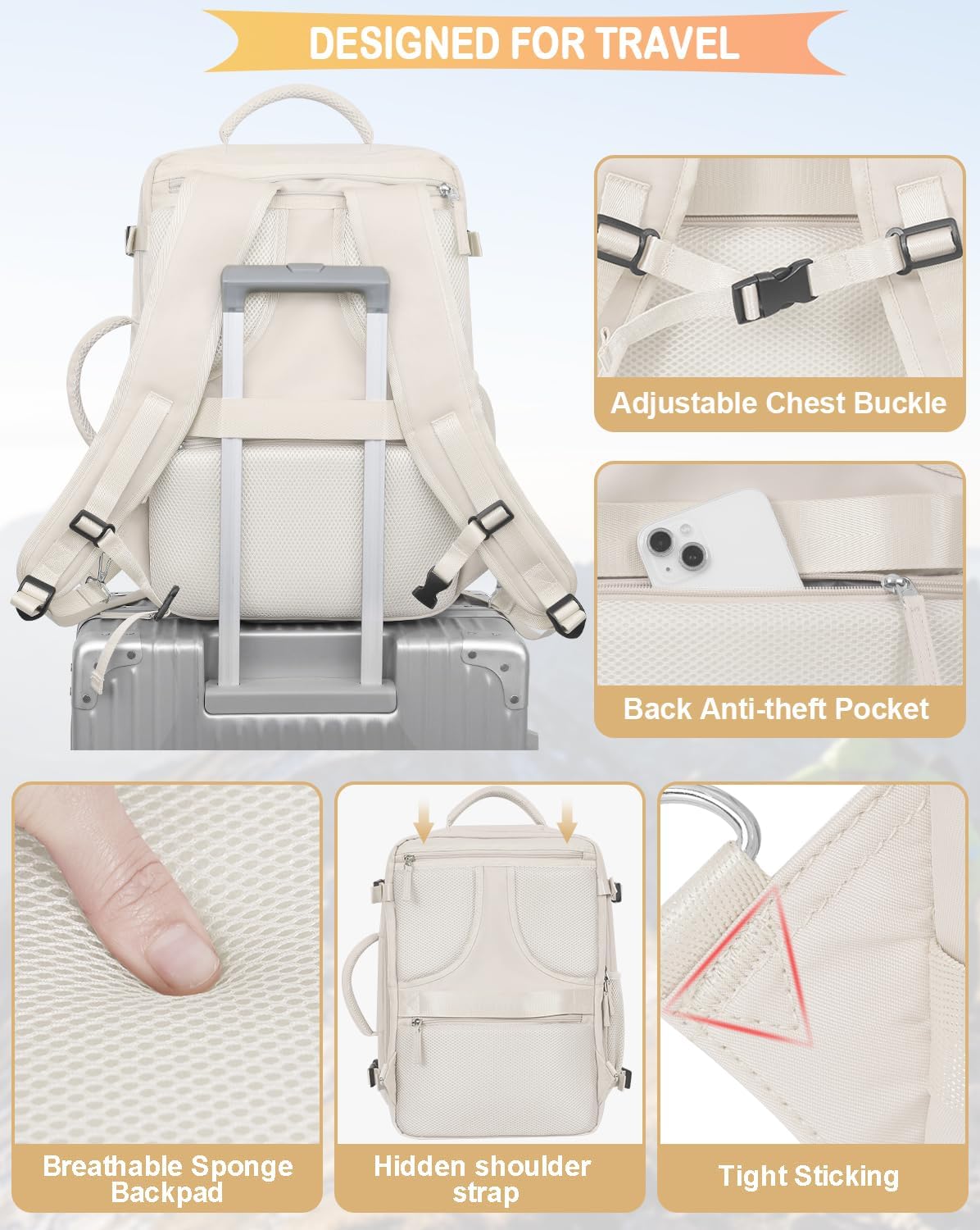 Getravel Travel Backpack For Women, Airline Approved Personal Item Bag, Carry On Backpack,17 Inch Laptop School Backpack, Waterproof Casual Overnight Bag, Hiking Backpack (Beige) - Image 5