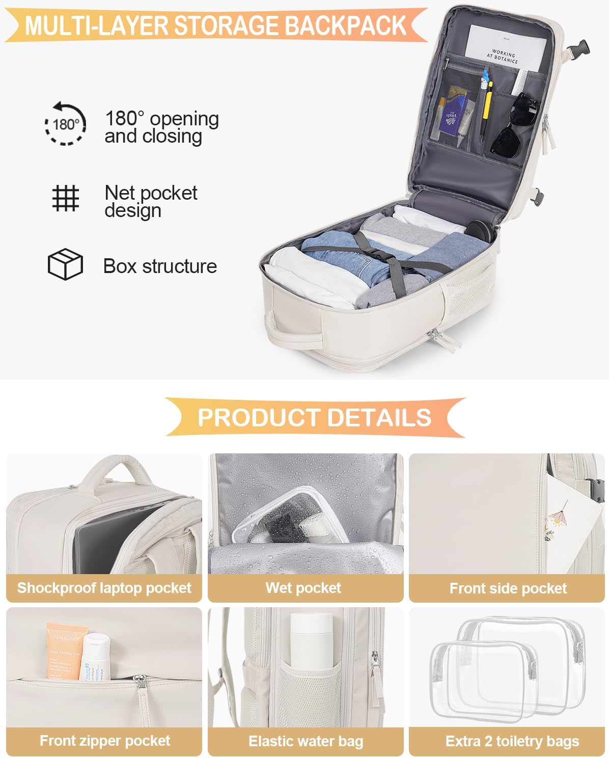 Getravel Travel Backpack For Women, Airline Approved Personal Item Bag, Carry On Backpack,17 Inch Laptop School Backpack, Waterproof Casual Overnight Bag, Hiking Backpack (Beige) - Image 6